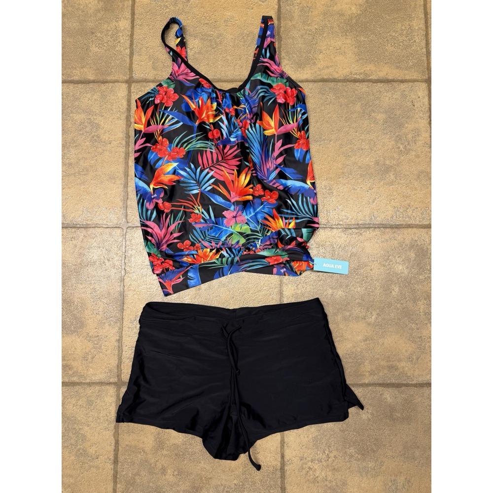 Aqua Eve Womens Tankini Swimsuit Tropical Floral Top Black Shorts 2 Piece NWT